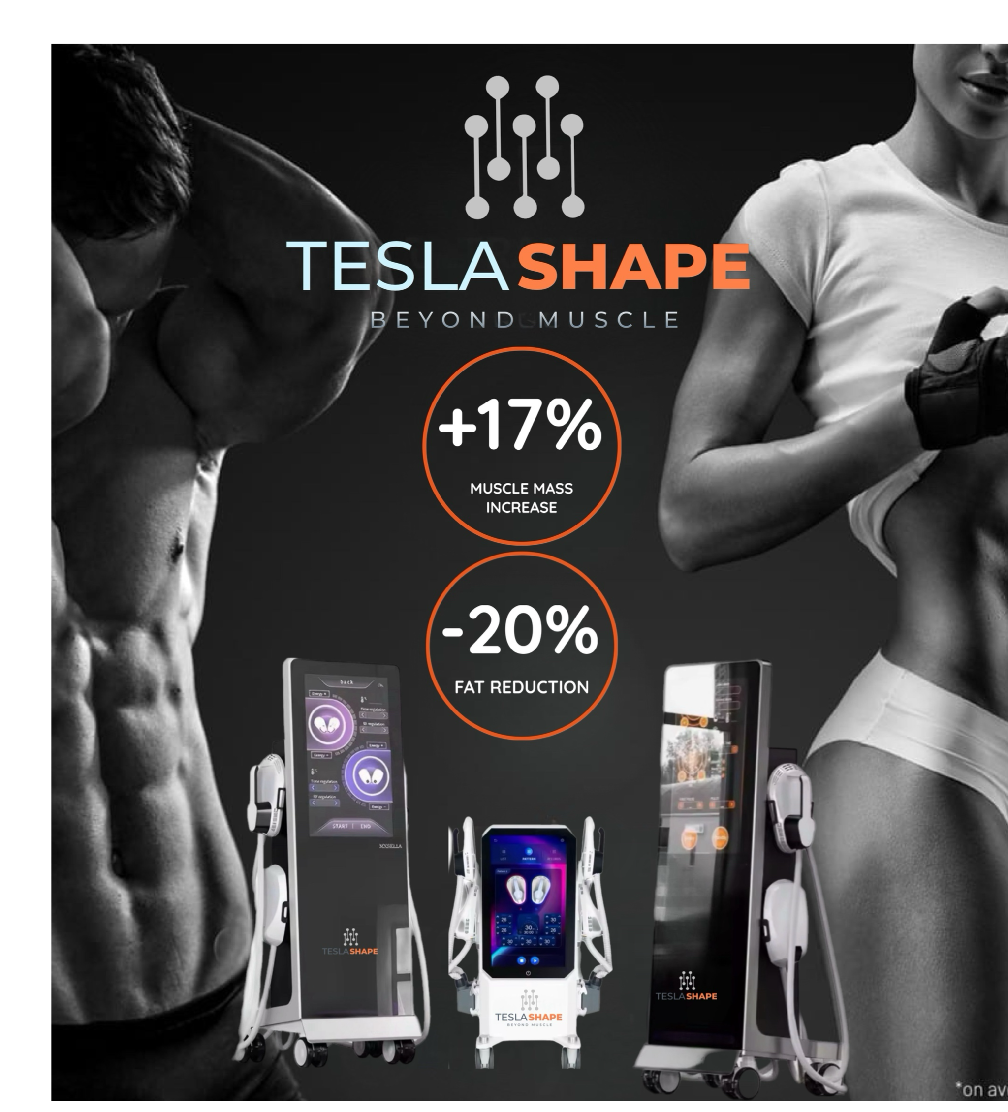 Tesla Shape — +17% muscle mass · -20% fat reduction